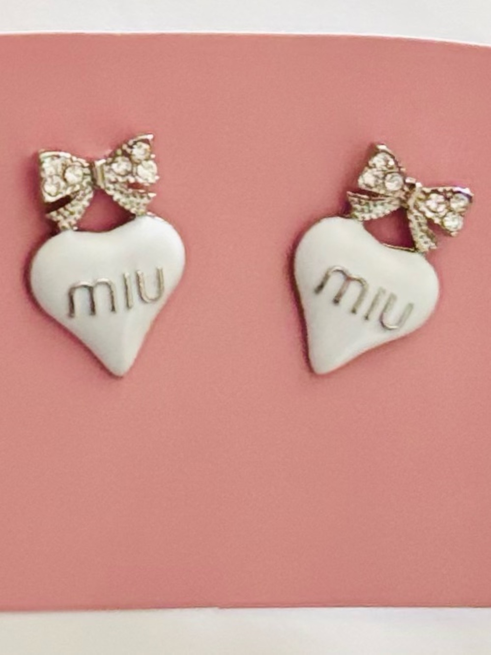 Miu Miu White Enamel Heart Earrings with Crystal Bow! Fashion!